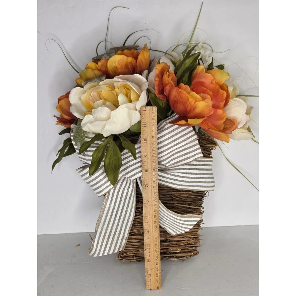 Ashland‎ Fall Peony Floral Wall Hanging Grapevine Straw Basket Farmhouse Country